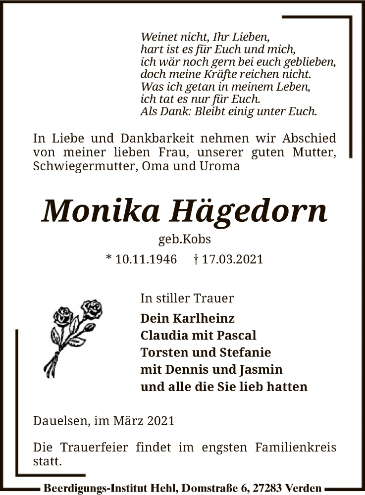  Traueranzeige für Monika Hägedorn vom 20.03.2021 aus SYK