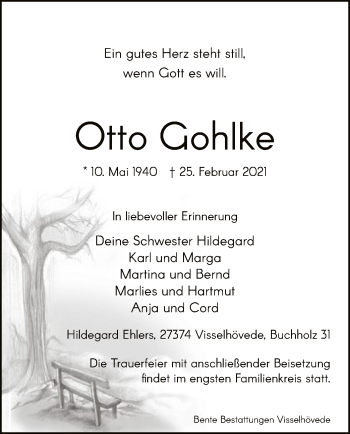 Traueranzeige von Otto Gohlke von SYK