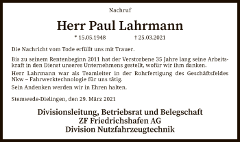 Traueranzeige von Paul Lahrmann von SYK