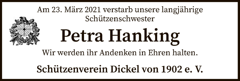  Traueranzeige für Petra Hanking vom 27.03.2021 aus SYK