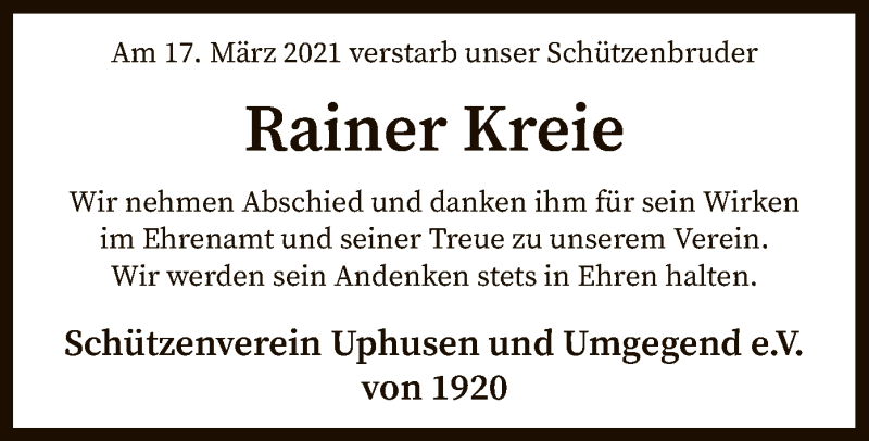  Traueranzeige für Rainer Kreie vom 27.03.2021 aus SYK