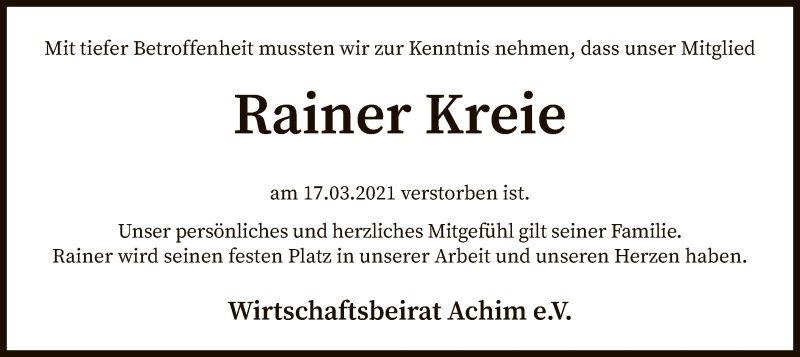  Traueranzeige für Rainer Kreie vom 27.03.2021 aus SYK