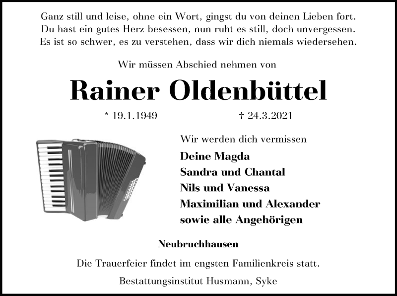  Traueranzeige für Rainer Oldenbüttel vom 31.03.2021 aus SYK