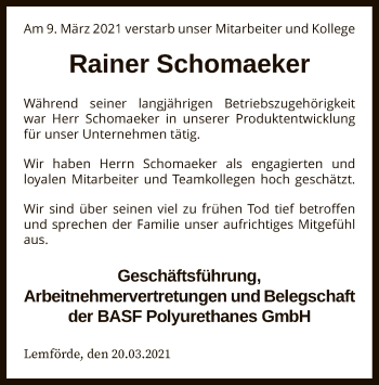 Traueranzeige von Rainer Schomaeker von SYK