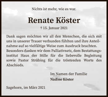 Traueranzeige von Renate Köster von SYK