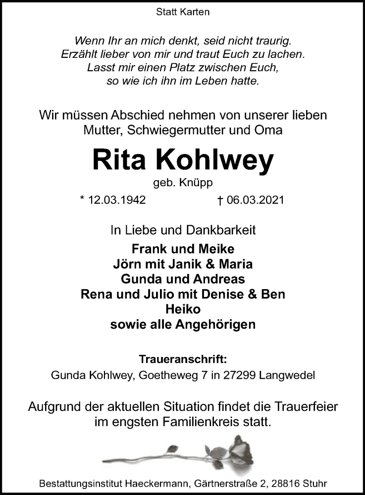  Traueranzeige für Rita Kohlwey vom 10.03.2021 aus SYK