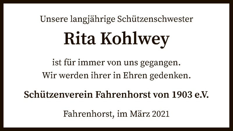  Traueranzeige für Rita Kohlwey vom 10.03.2021 aus SYK