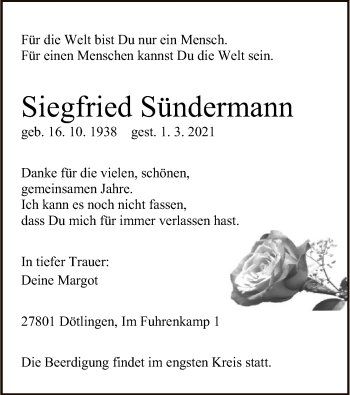 Traueranzeige von Siegfried Sündermann von SYK