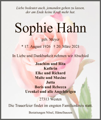 Traueranzeige von Sophie Hahn von SYK