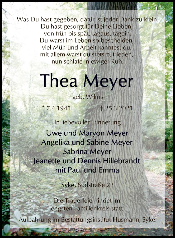  Traueranzeige für Thea Meyer vom 30.03.2021 aus SYK