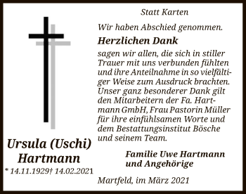 Traueranzeige von Ursula  Hartmann von SYK