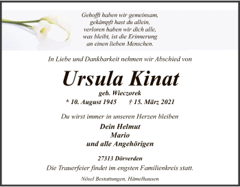 Traueranzeige von Ursula Kinat von SYK