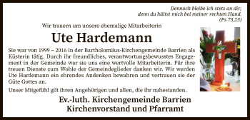 Traueranzeige von Ute Hardemann von SYK