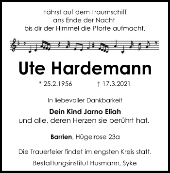 Traueranzeige von Ute Hardemann von SYK