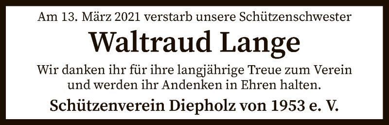  Traueranzeige für Waltraud Lange vom 20.03.2021 aus SYK