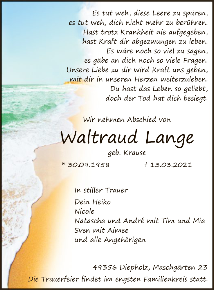  Traueranzeige für Waltraud Lange vom 20.03.2021 aus SYK