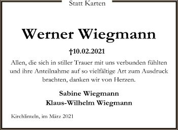 Traueranzeige von Werner Wiegmann von SYK