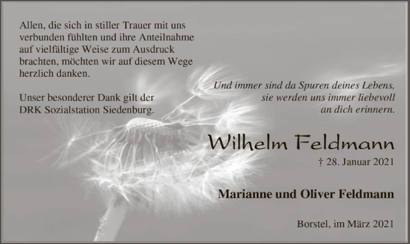  Traueranzeige für Wilkelm Feldmann vom 06.03.2021 aus SYK