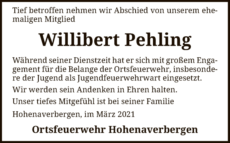  Traueranzeige für Willibert Pehling vom 06.03.2021 aus SYK