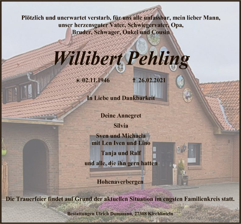  Traueranzeige für Willibert Pehling vom 05.03.2021 aus SYK