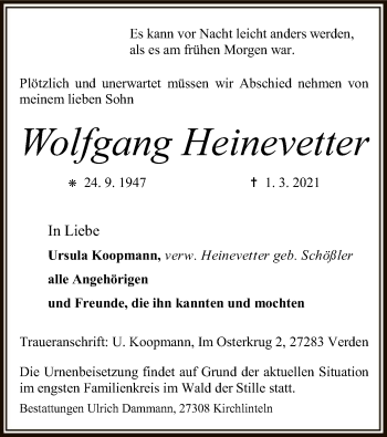 Traueranzeige von Wolfgang Heinevetter von SYK