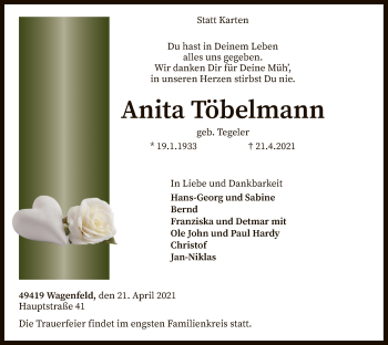 Traueranzeige von Anita Töbelmann von SYK