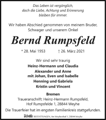 Traueranzeige von Bernd Rumpsfeld von SYK