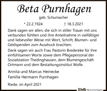 Traueranzeige von Beta Purnhagen von SYK