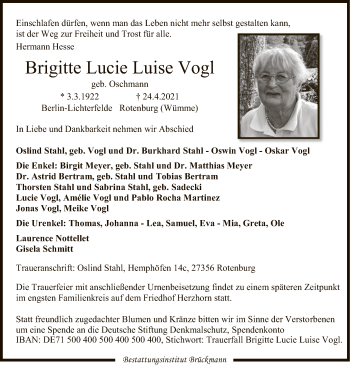 Traueranzeige von Brigitte Lucie Luise Vogl von SYK