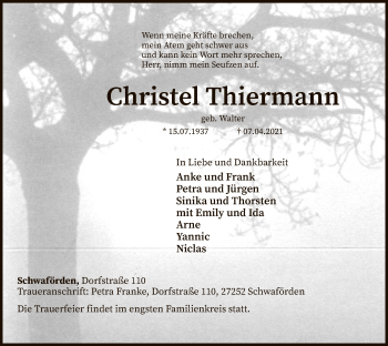 Traueranzeige von Christel Thiermann von SYK