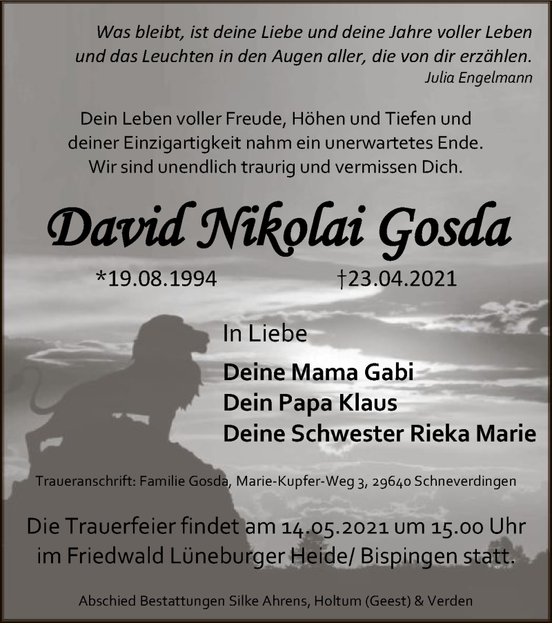  Traueranzeige für David Nikolai Gosda vom 30.04.2021 aus SYK