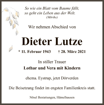 Traueranzeige von Dieter Lutze von SYK