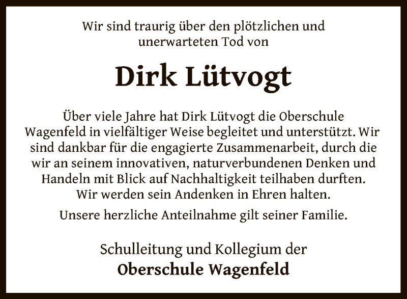 Traueranzeige für Dirk Lütvogt vom 30.04.2021 aus SYK