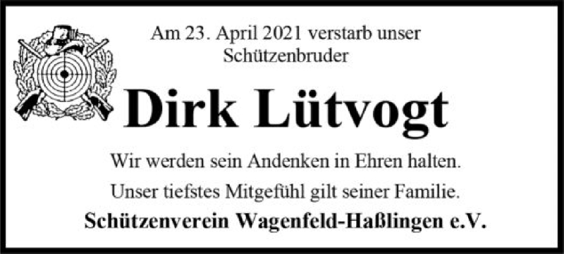  Traueranzeige für Dirk Lütvogt vom 29.04.2021 aus SYK