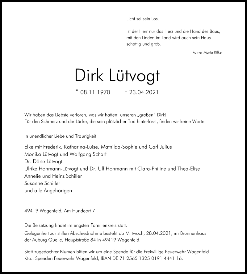  Traueranzeige für Dirk Lütvogt vom 27.04.2021 aus SYK