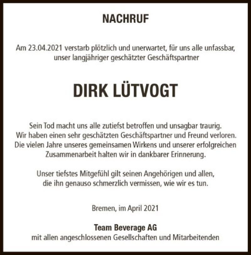  Traueranzeige für Dirk Lütvogt vom 29.04.2021 aus SYK