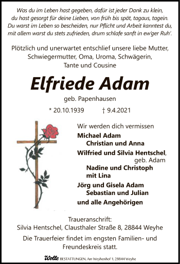 Traueranzeige von Elfriede Adam von SYK