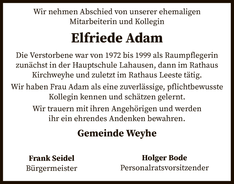  Traueranzeige für Elfriede Adam vom 16.04.2021 aus SYK