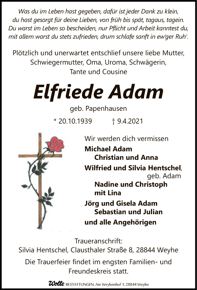  Traueranzeige für Elfriede Adam vom 14.04.2021 aus SYK