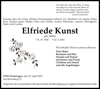 Traueranzeige von Elfriede Kunst von SYK