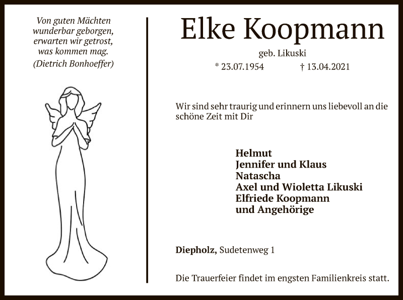  Traueranzeige für Elke Koopmann vom 17.04.2021 aus SYK