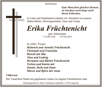 Traueranzeige von Erika Früchtenicht von SYK