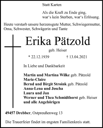 Traueranzeige von Erika Pätzold von SYK