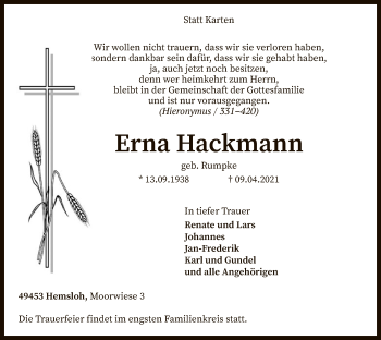 Traueranzeige von Erna Hackmann von SYK