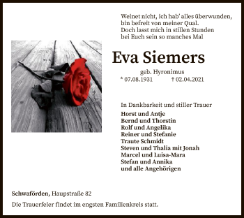 Traueranzeige von Eva Siemers von SYK