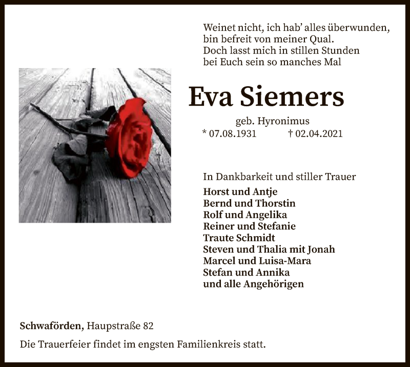  Traueranzeige für Eva Siemers vom 07.04.2021 aus SYK