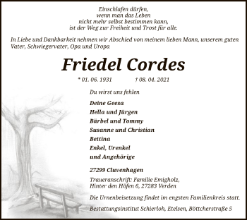 Traueranzeige von Friedel Cordes von SYK