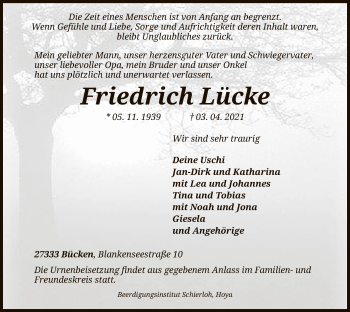 Traueranzeige von Friedrich Lücke von SYK