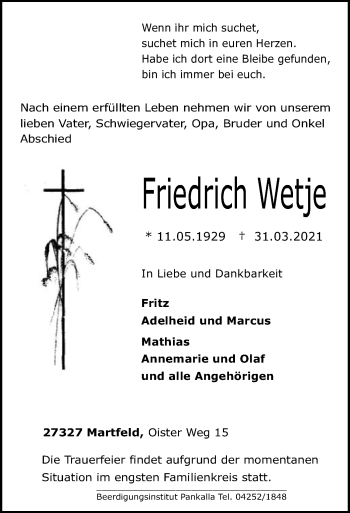 Traueranzeige von Friedrich Wetje von SYK