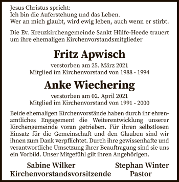 Traueranzeige von Fritz und Anke Apwisch, Wiechering von SYK